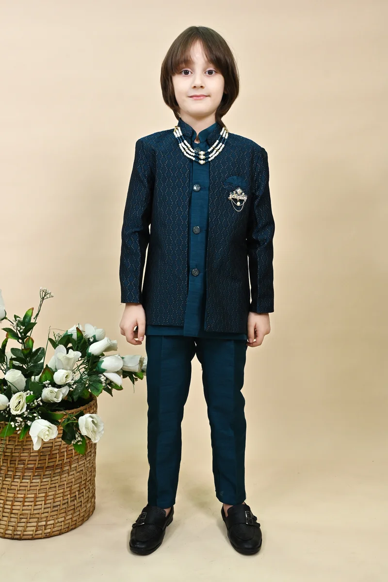 BT DEZINES Boys Royal Blue Jacquard Sherwani & Trousers Set